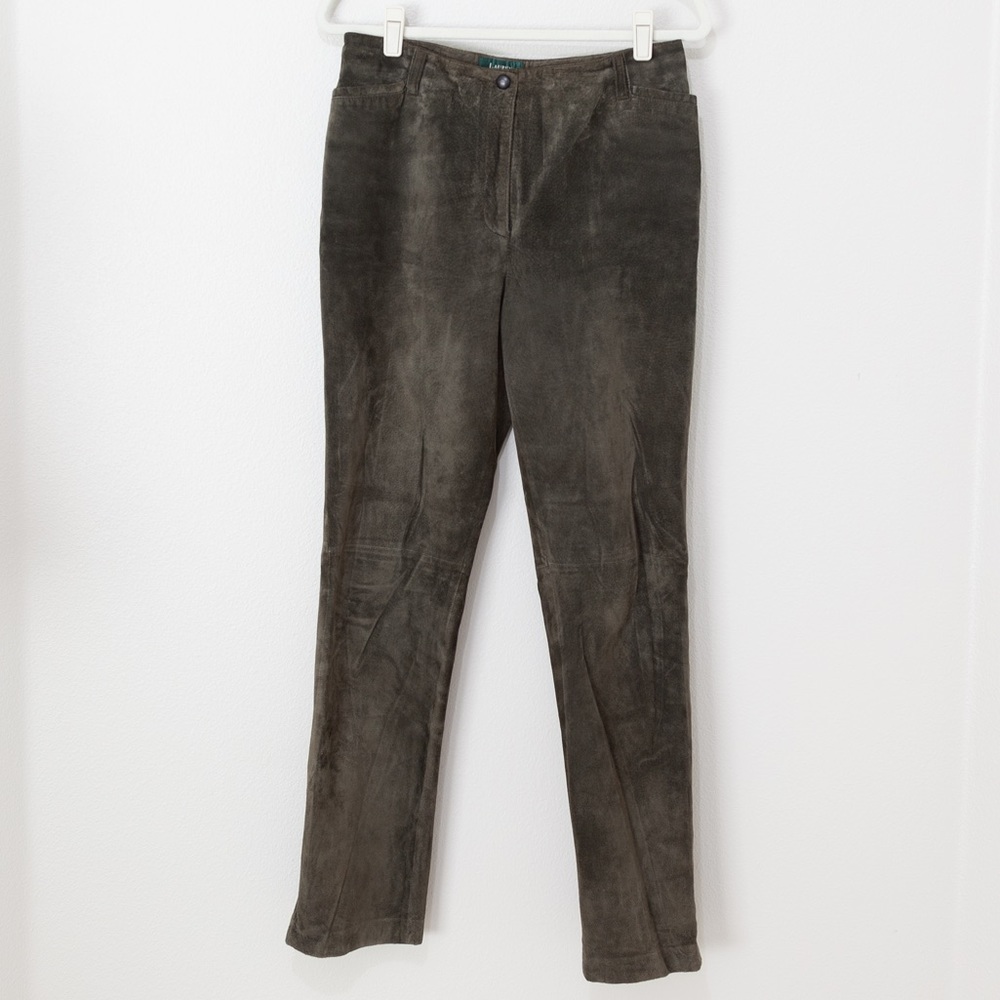LAUREN Ralph Lauren Women's Deep Green Suede Leather Straight Leg Pants Size 10